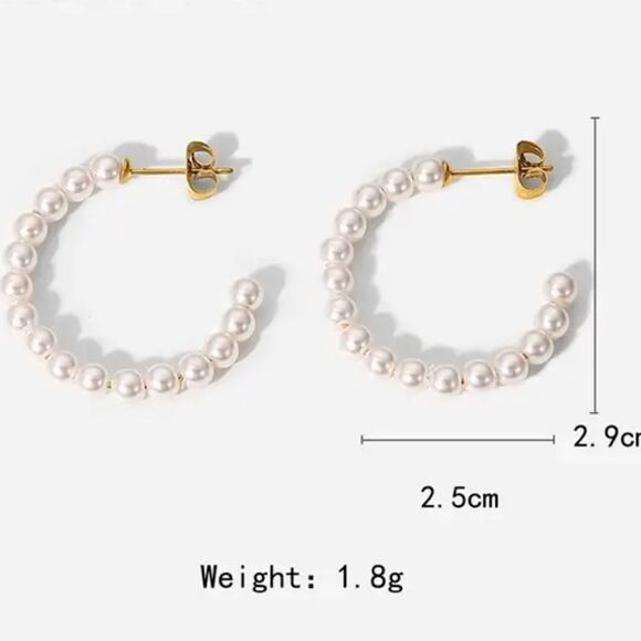 Pearl 18K Gold Stainless Steel Waterproof Hoop Earrings - Picture 5 of 11